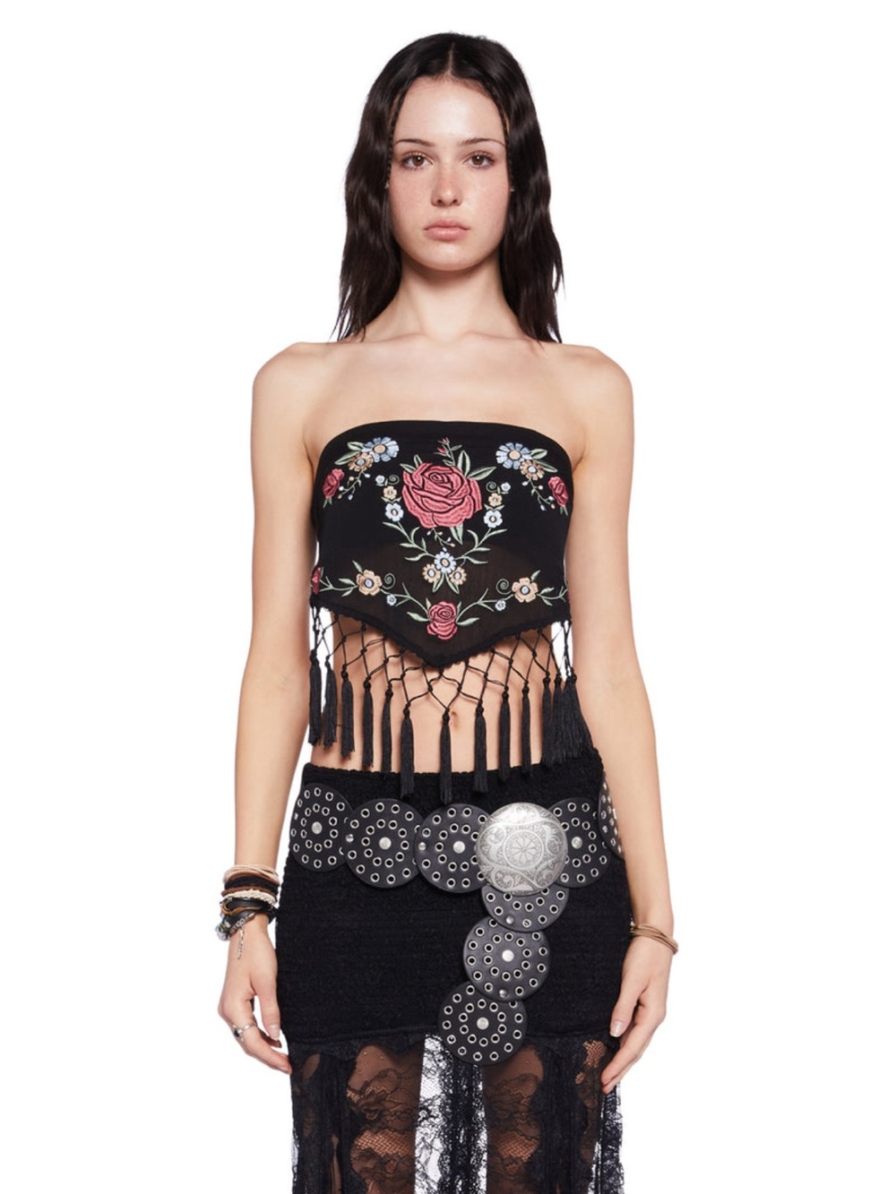 Current Mood Black Floral Embroidered Fringe Crop Top
